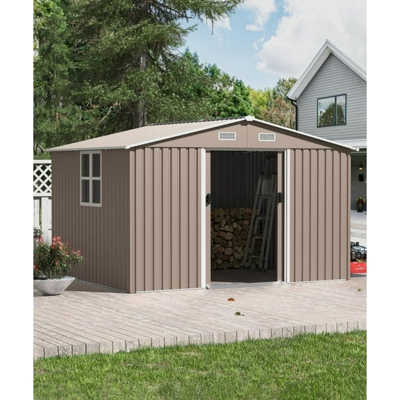 ASJMR 10x8 Ft Metal Storage Shed with 1 side window and 2 Lockable Doors,All Weather Outdoor Gardening Tool Storage Room,Brown