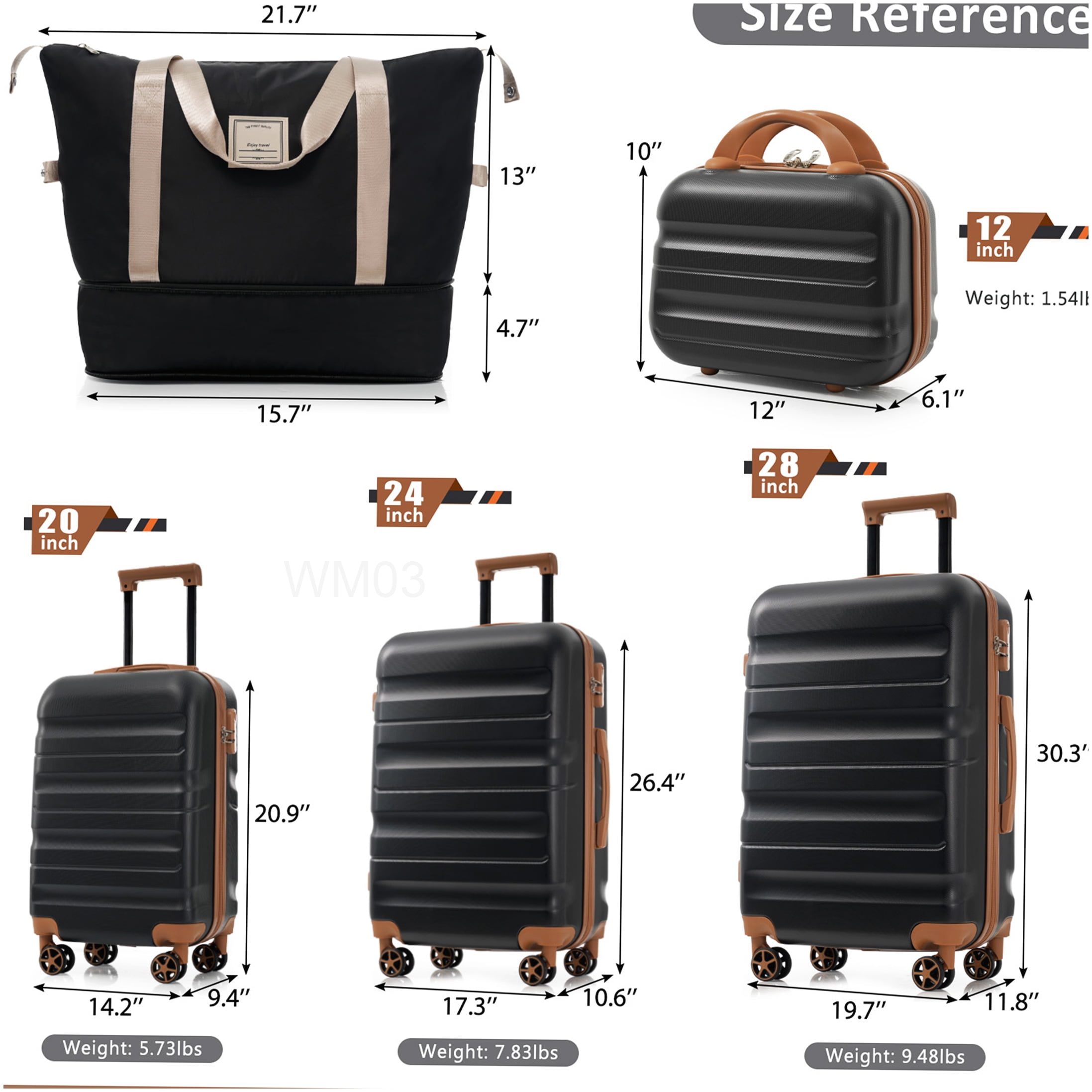 ABS Hardshell Suitcase Set with 360° Spinner Wheels, TSA Lock, Lightweight Checked & Carry-On Luggage in Black