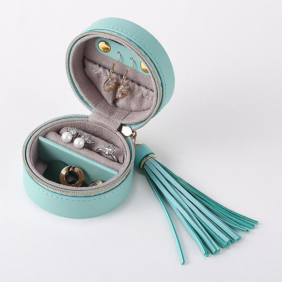 Travel Jewelry Organizer: Compact Round Faux Leather Case with Zipper