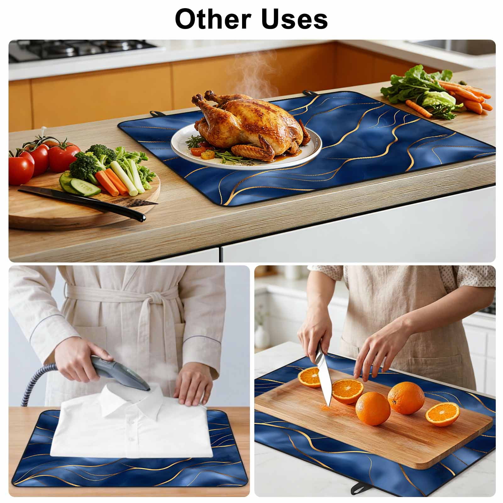 Navy Blue Marble Stove Top Cover for Electric Stove, Heat-proof & Non Slip Glass Top Stove Cover Protector, Abstract Modern Golden Geometric Kitchen Flat Cooktop Rubber Mat 24x21 Inches