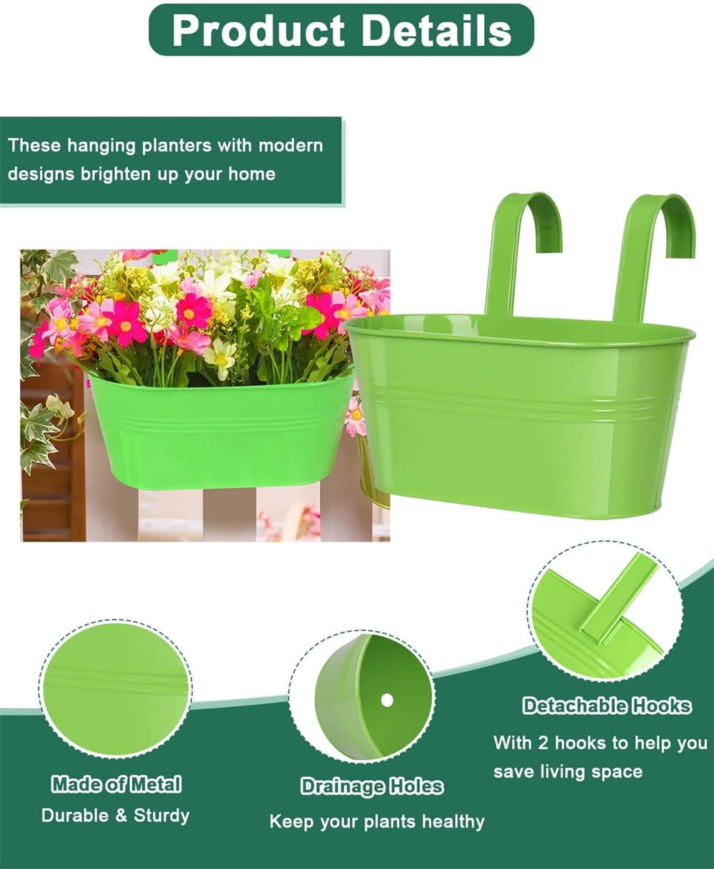 NOGIS Metal Iron Hanging Flower Pots for Railing Fence Hanging Bucket Pots Countryside Style Window Flower Plant Holder with Detachable Hooks Home Decor,3 Pcs（Multicolor A）
