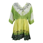 Mogul Womens Mini Dress Green Yellow Tie Dye Embroidered Loose Beachwear Sundresses