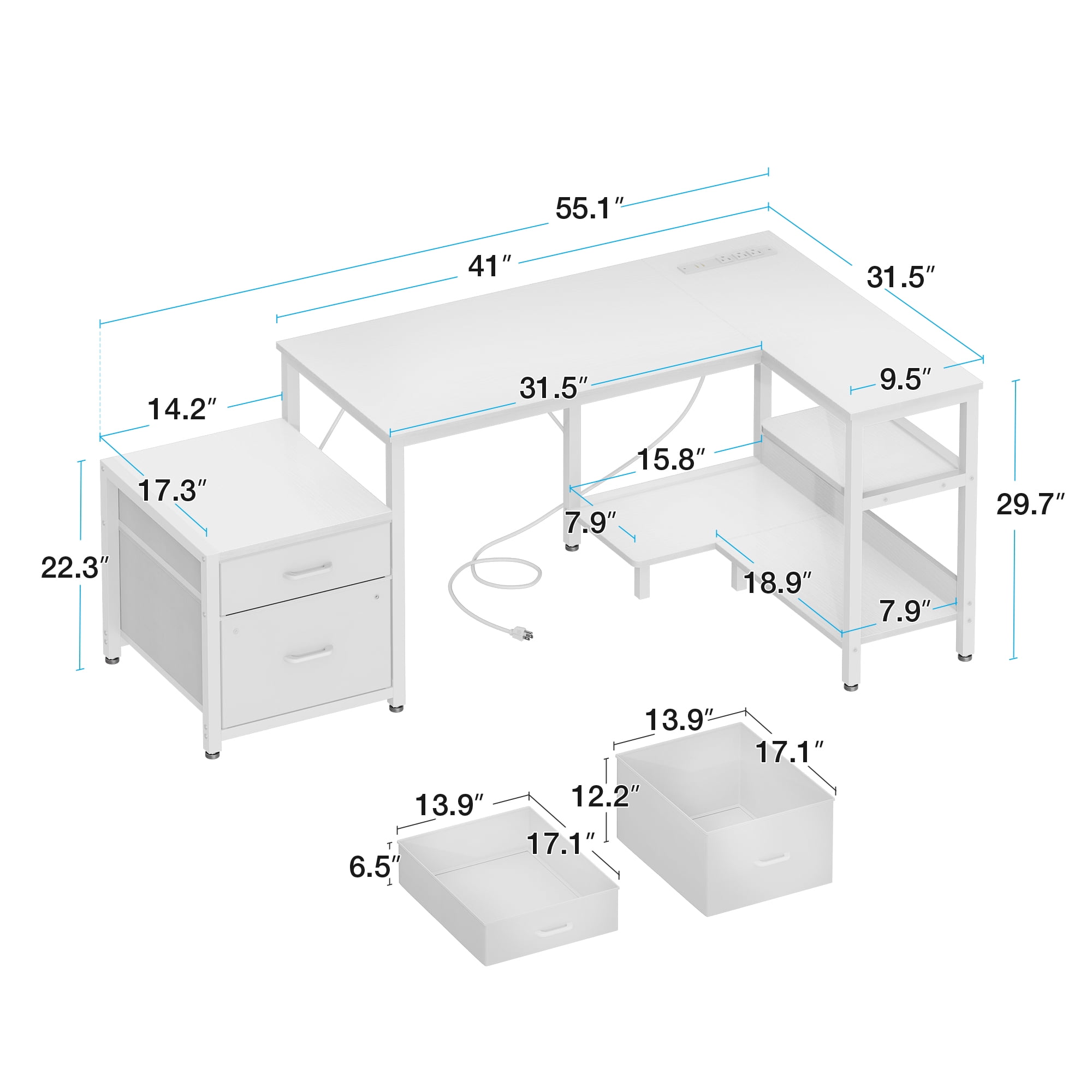 Casacomoda L Shaped Desk with Power Outlets, Large Computer Desk with File Drawer, Home Office Desk with Printer Stand & Storage Shelves, Corner Desk, White