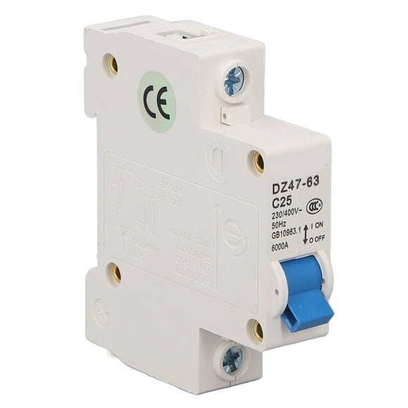 Compact 1P DIN Rail Circuit Breaker with 6000A Breaking Capacity, 25A Current Rating, 230V/400V AC for Residential and Commercial Use, Durable PA66 Flame Retardant Material.