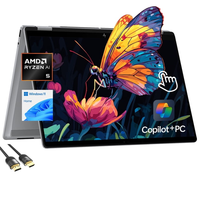 HP OmniBook X Flip Copilot+ PC Ordinateur Portable, 2-en-1 16 Pouces FHD Écran Tactile, AMD Ryzen AI 5, 16 Go RAM, 512 Go SSD, Clavier Rétroéclairé, WiFi 6 + BT, Câble HDMI PDG, Version US Clavier, Windows 11