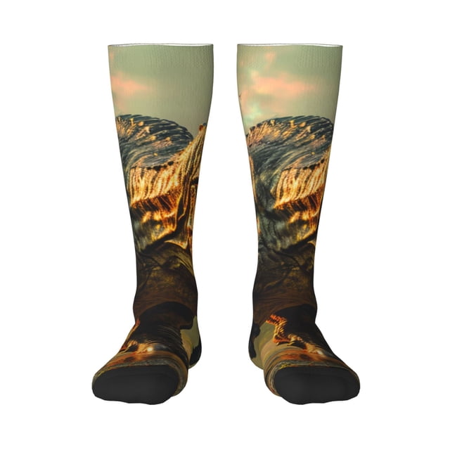 Fotbe Realistic Style Forest Dinosaur Calcetas Divertidas Estampadas para Hombre y Mujer, Calcetas de Algodón hasta la Rodilla para Caminar, Correr, Enfermería y Embarazo