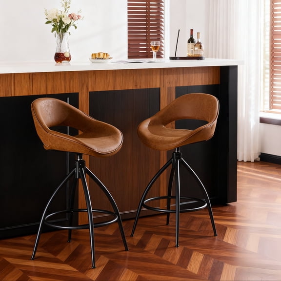 SalonMore Counter Height Bar Chairs, Modern Upholstered Dining Chairs 2 PCS, Swivel Barstools 2 Set, 26'' Rustic PU Padded Bar Stools, Brown