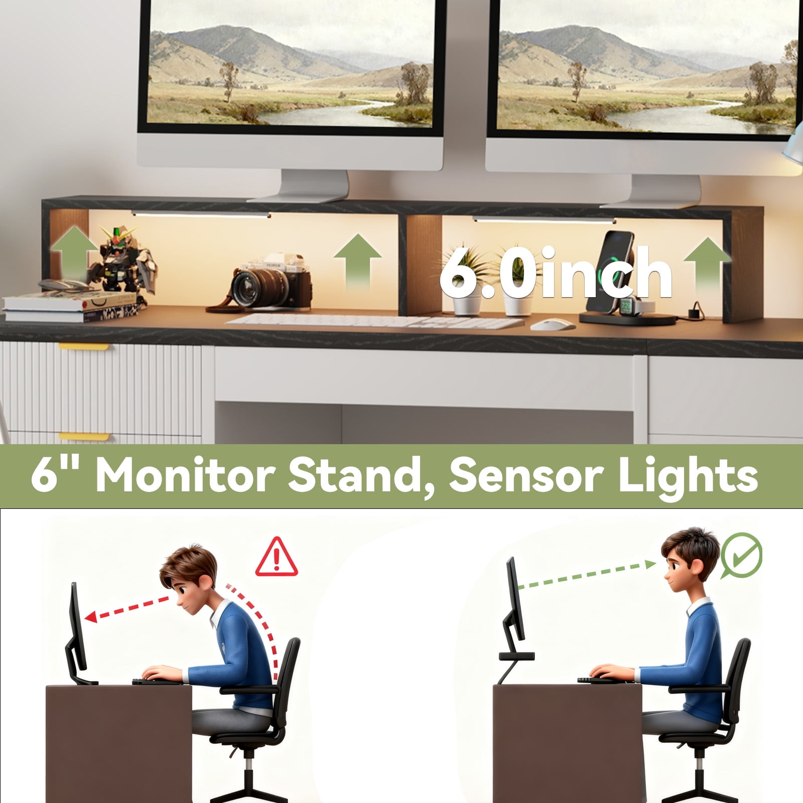 Fluted Executive Office Desk with Filing Cabinet and Drawers, Home Office Table Gaming Desk with Monitor Stand Lights, Cable Managerment and Charger, White&Black