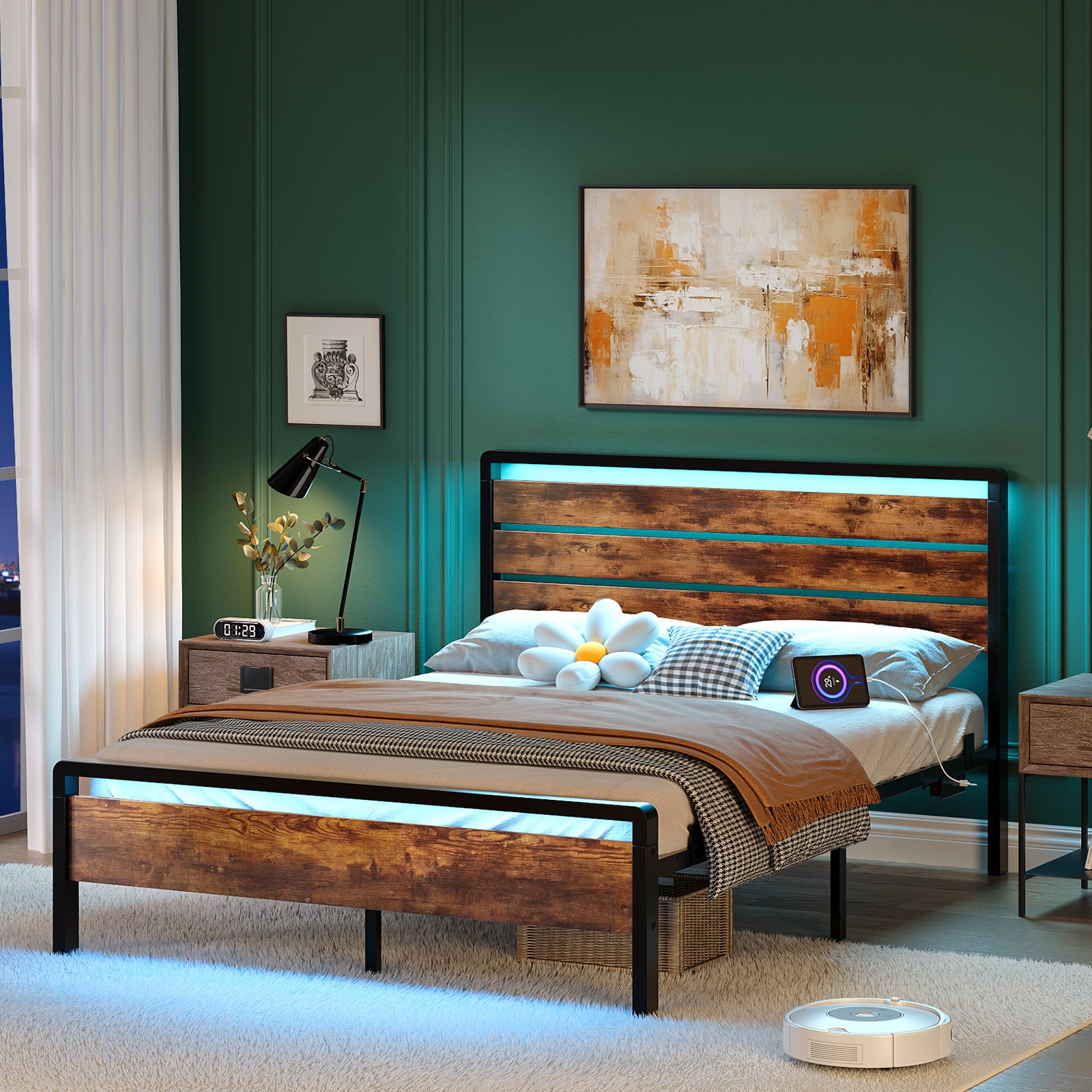 Ktaxon Full Size Bed Frame with LED Headboard & Footboard, Metal Platform Bed with Charging Station, Rustic Brown