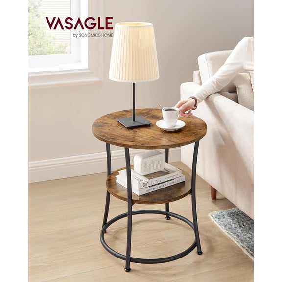 2-Tier Round Side Table, Rustic Brown and Ink Black, for Living Room, Bedroom, Small Spaces