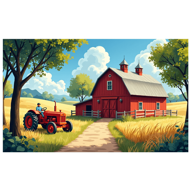 Farmhouse Country Scene Backdrop Banner Rustic Red Barn Tractor Landscape Fields Perfect Photo Booth Parties Weddings Events Background Decor