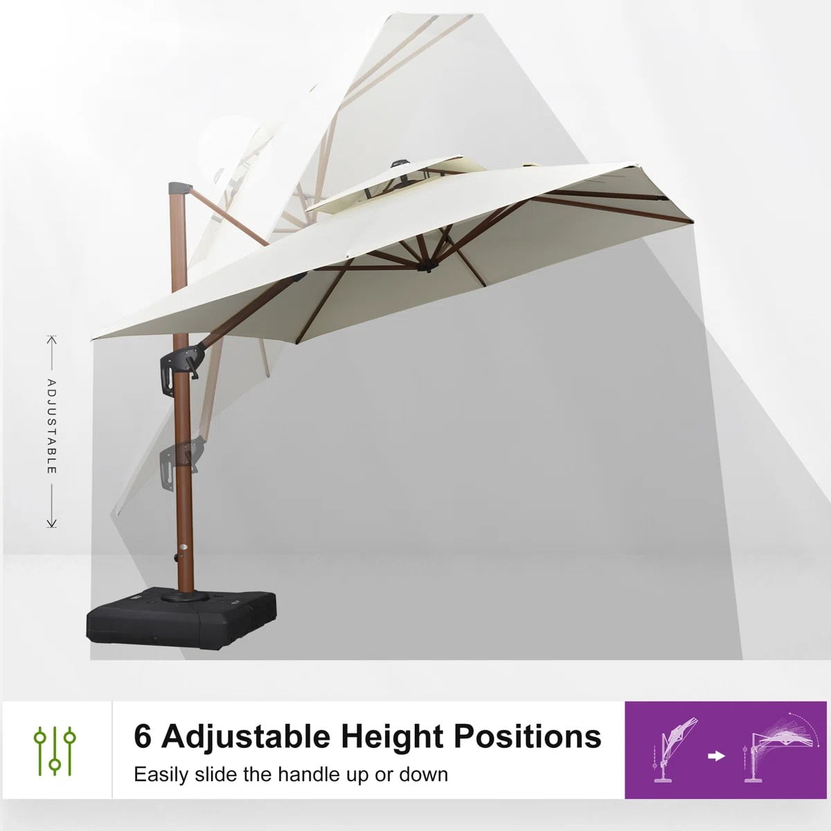 PURPLE LEAF OUTDOOR 10' x 13' Rectangle Cantilever Umbrella with Base Patio Umbrellas Wood Grain Pool Umbrella Large Umbrella for Patio, Cream