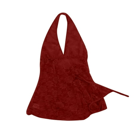 

Penkiiy Ladies sexy underwear hanging neck lace see-through babydoll nightdress Bodysuits S Wine on Clearance