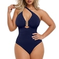 thumbnail image 2 of UTSJKR Women's Halter V-Neck One-Piece Swimsuit, Ruched Tummy Control Wrap Bathing Suit with Adjustable Tie Neck Navy M, 2 of 7