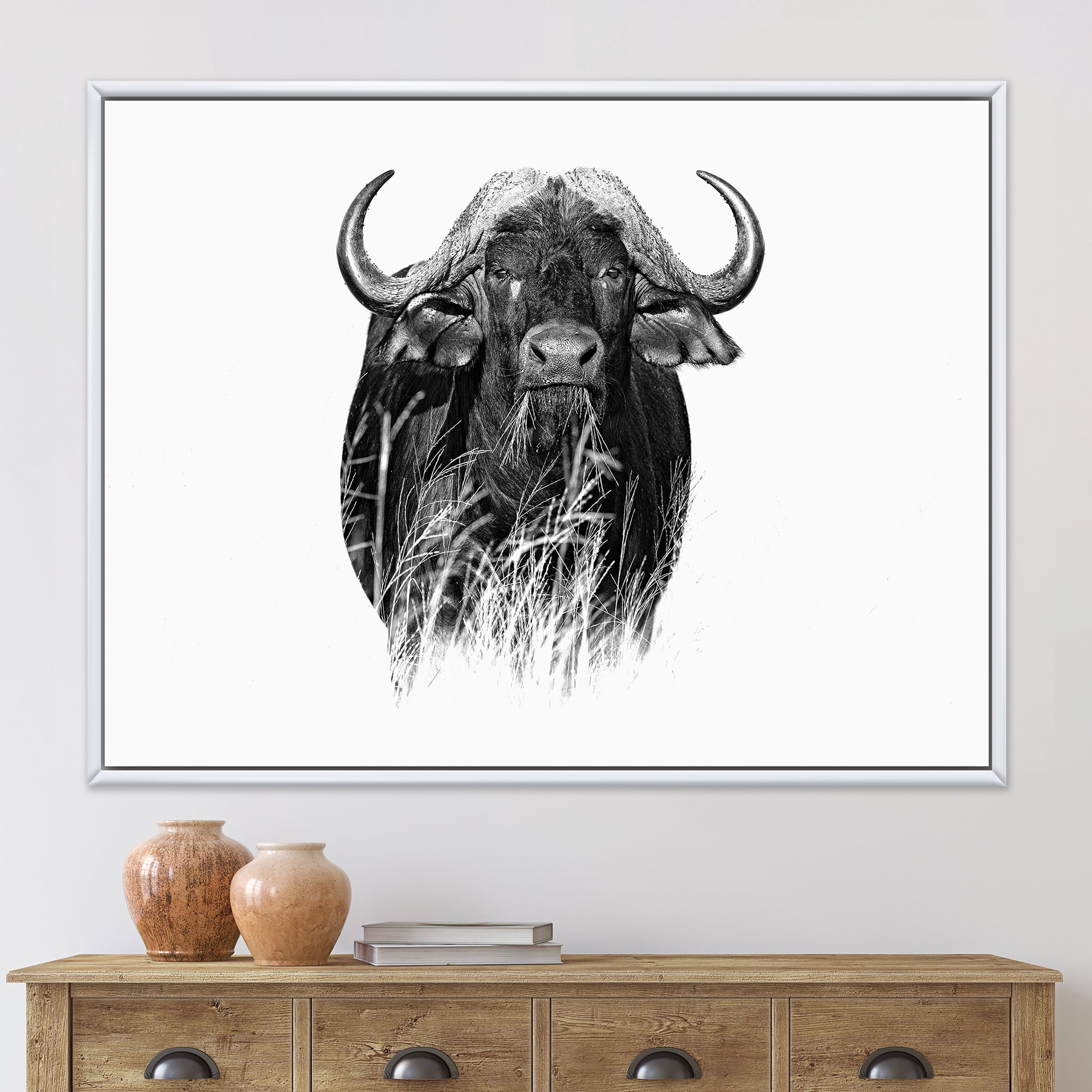 Designart 'Black and White Portrait Of Buffalo IV' Farmhouse Framed Canvas Wall Art Print