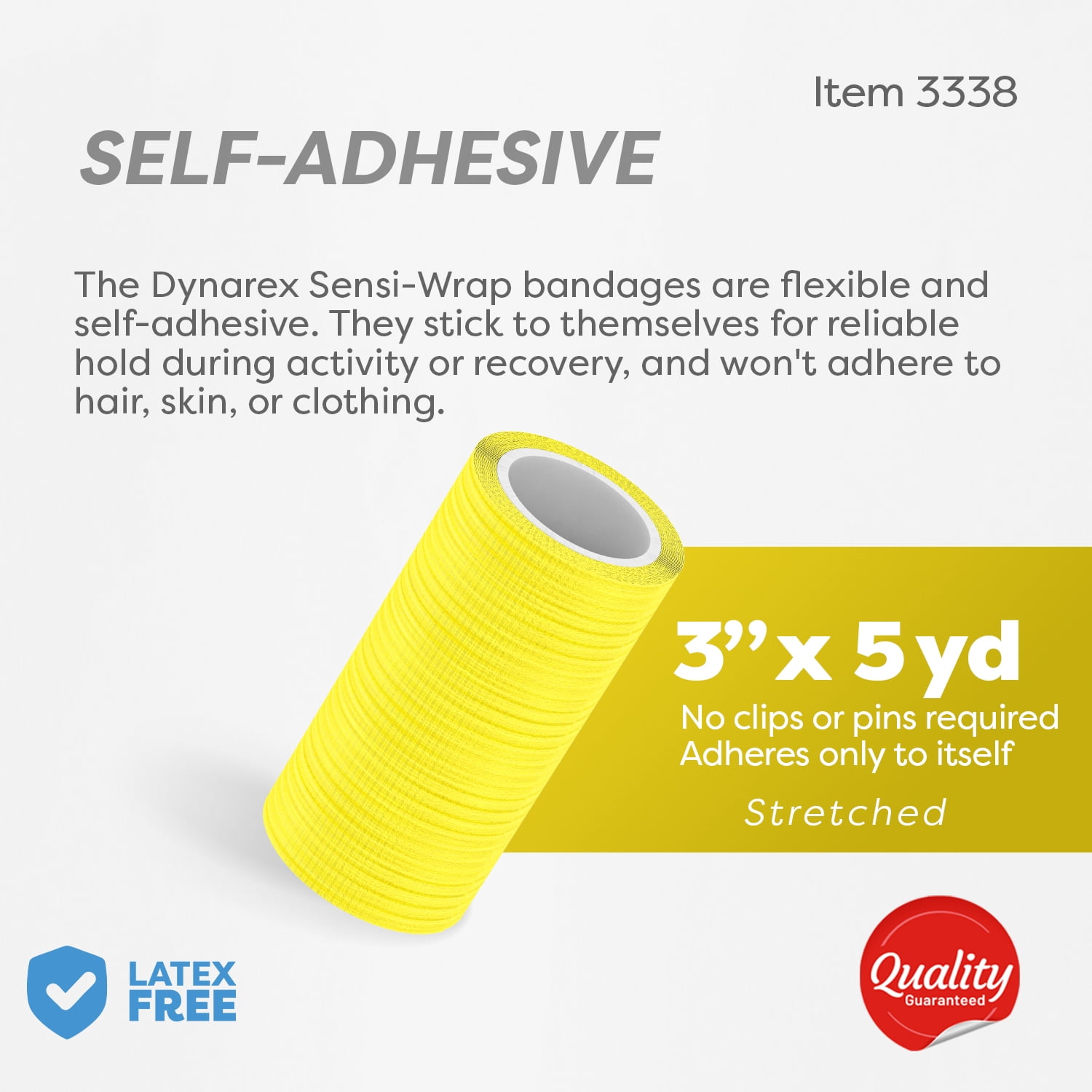 Dynarex Sensi-Wrap Self-Adhesive Bandages, 24-Pack, 3" x 5 yards, Yellow, Latex-Free, Colored Elastic Cohesive Athletic Tape, Tattoo Grip & Vet Wrap