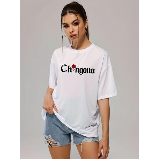 "Chingona" Letter & Red Rose Print Sports T-shirts, Fashionable Short Sleeve Breathable Crew Neck Tops, Women's Summer Tee
