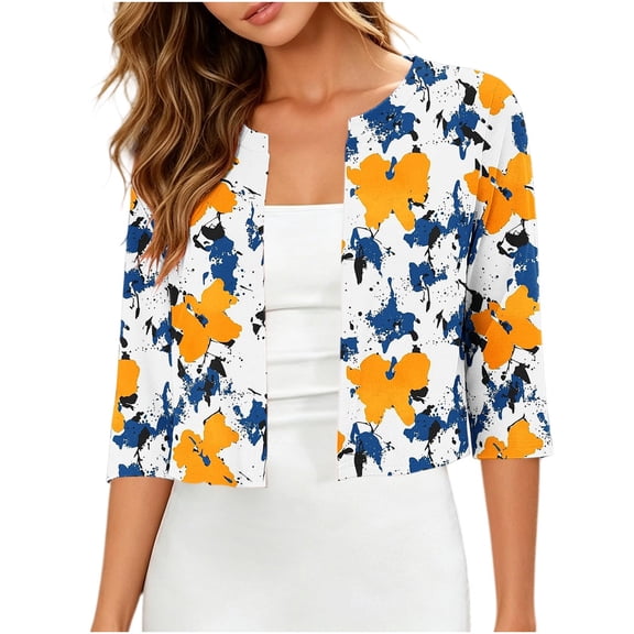 Loyisod Women's Thin Shrugs 3/4 Sleeve Lightweight Print Cropped Tops Round Neck Open Front Cardigan for Dress