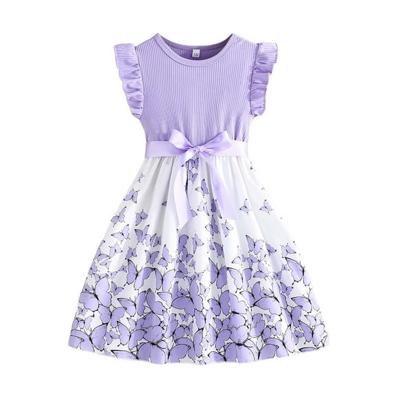 Splozh Flower Girl Lace Bowknot Tutu Dress Little Girls Butterfly Birthday Party Graduation Pleated Casual Swing Dresses Floral Print Summer Holiday Party Dress Purple,9-10 Years