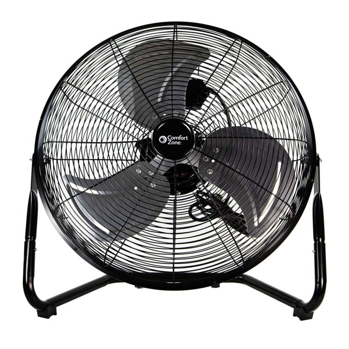 Comfort Zone 20” High-Velocity 3-Speed Cradle Floor Fan with 180-Degree Adjustable Tilt, Convenient Carry Handle and Rubber Feet for Stability, Black