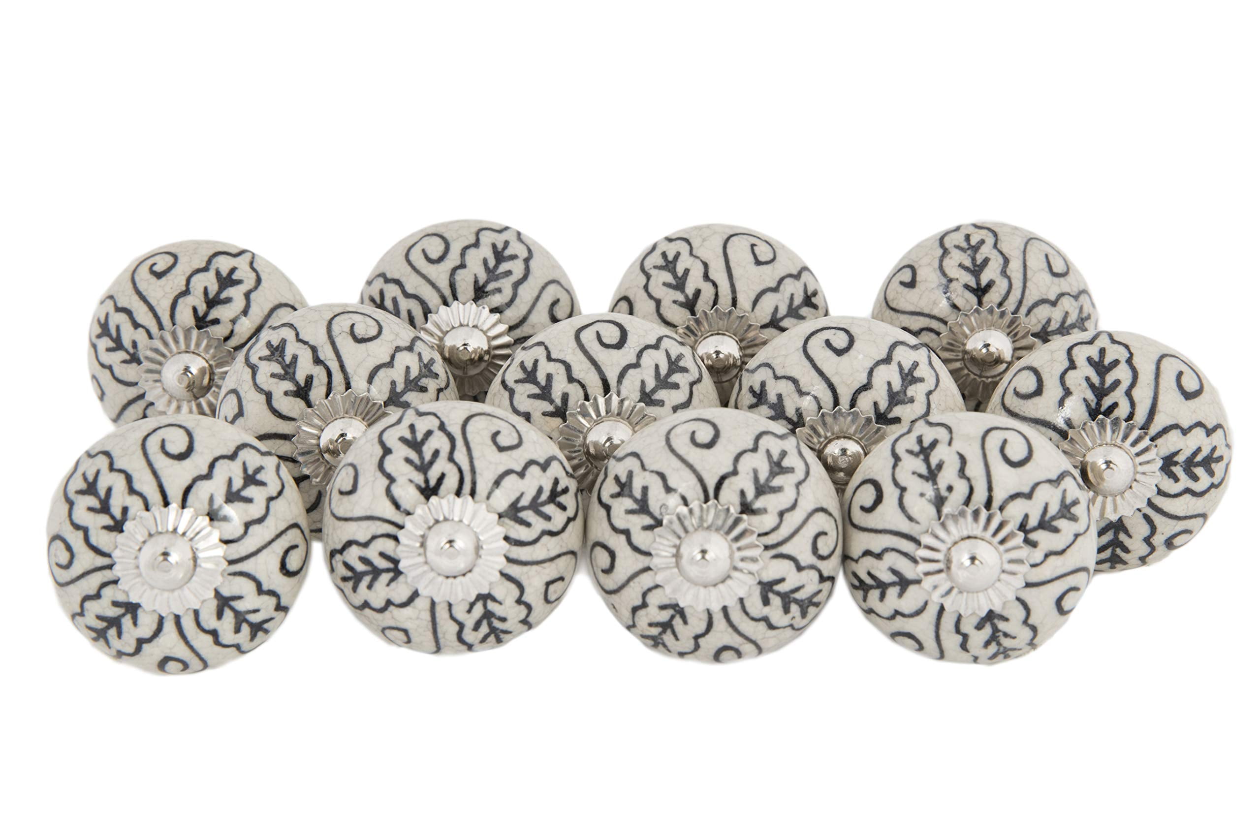 Mela Artisans 12-Pack Ceramic Kitchen Cabinet Knobs - Grey & White Leaf