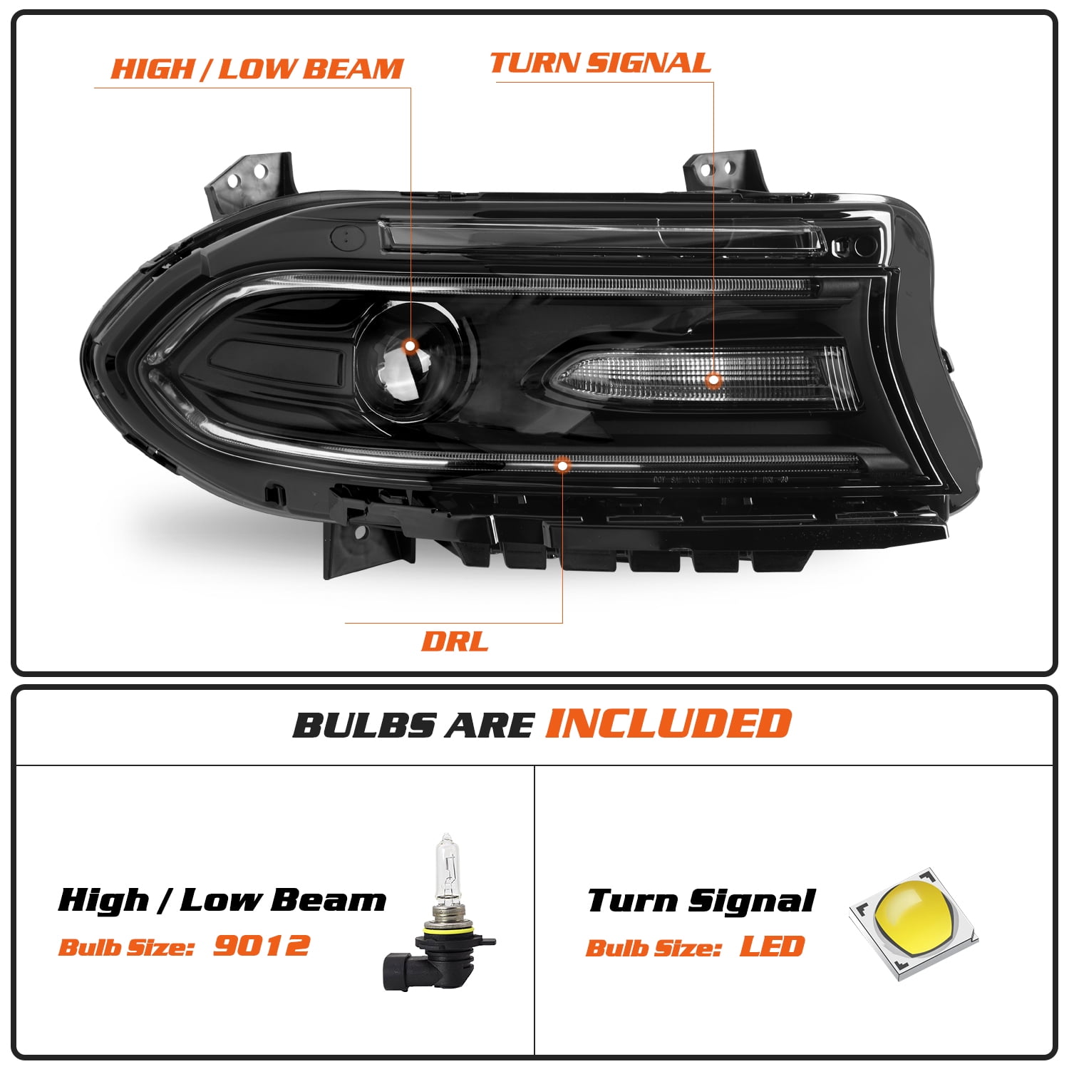 Passenger Side W/Bulbs For 2015-2020 Dodge Charger Headlight Halogen W/ LED DRL