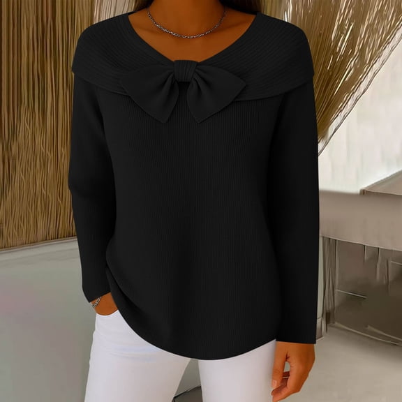 Zedker Sweaters for Women Plus Size Elegant Bow 3/4 Sleeve Knitted Pullover Sweater Xmas Holiday Party Jumpers Black L