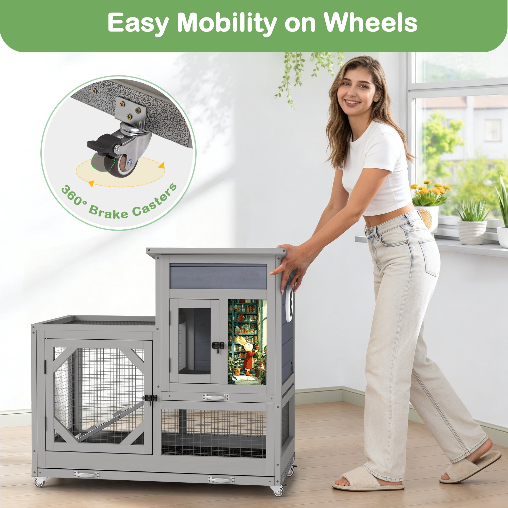 COZIWOW Wooden Rabbit Hutch on Wheels 2-Tier Indoor Bunny Cage Cleaning Trays and Run Gray