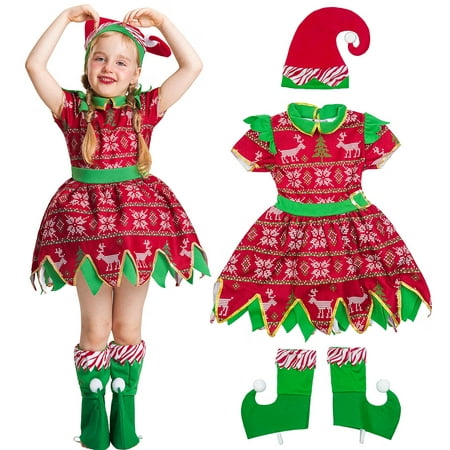 Girls Christmas Elf Dress Set Deluxe Xmas Costumes with Hat 3-10 Years