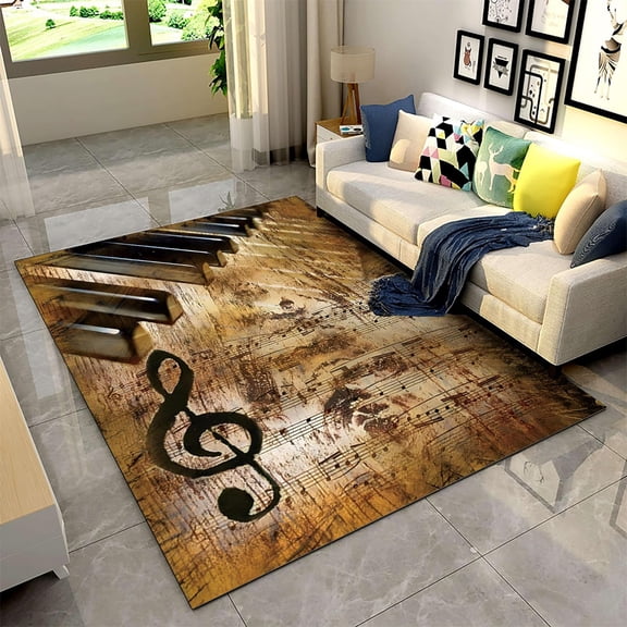 Vintage Music Area Rug Retro Musical Notes Non-Slip Area Rugs Floor Mat Brown Distressed Piano Sheet Music Pattern Music Lovers Carpet for Living Room Apartment Dining Room Music Room 2x3ft