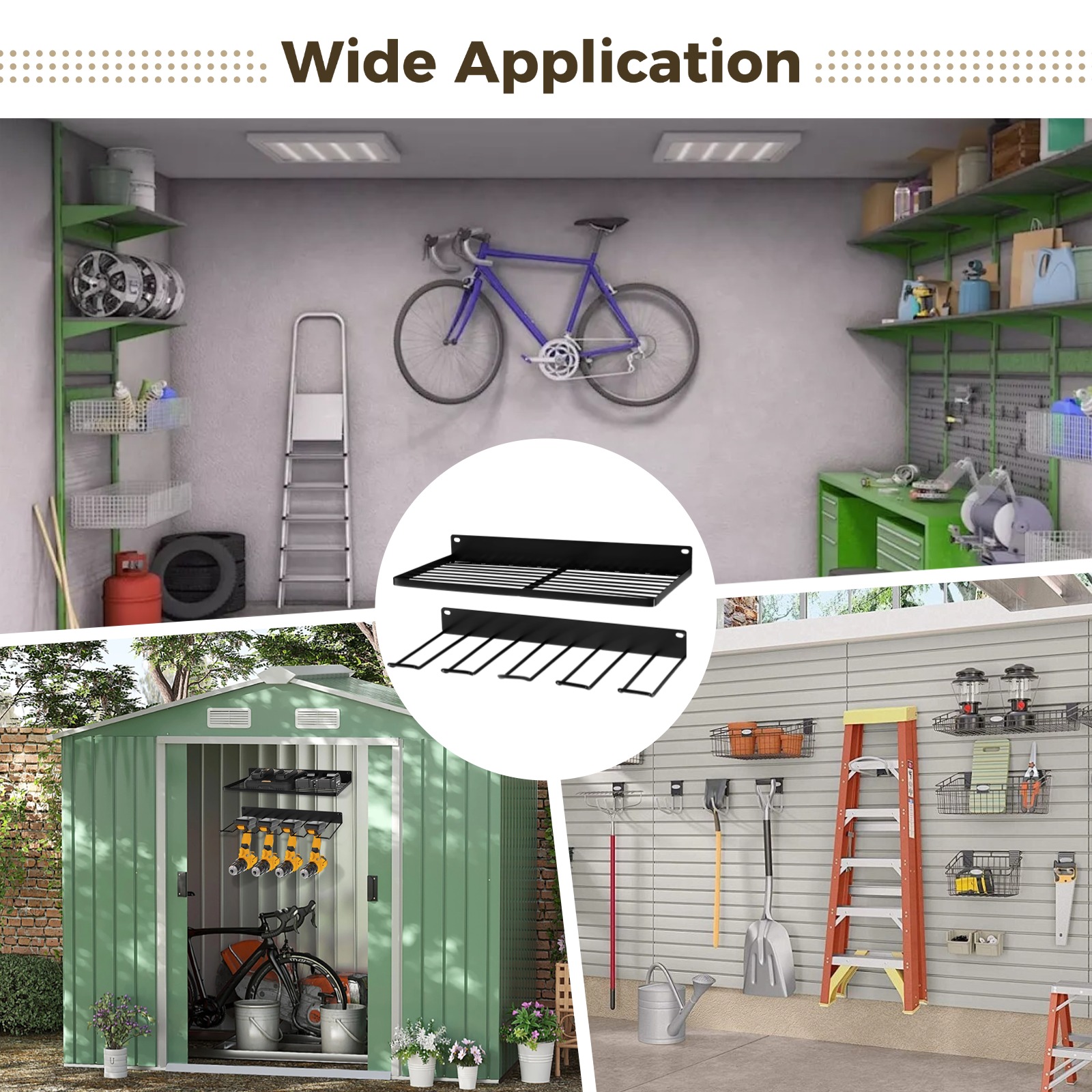 2PCS Wall Mounted Basket and Tool Holder Set with EZ Bolts & Screw Kit, Compatible with Suncast Shed, Galvanized Iron Organizer for Garage, Resin Shed Metal Racks