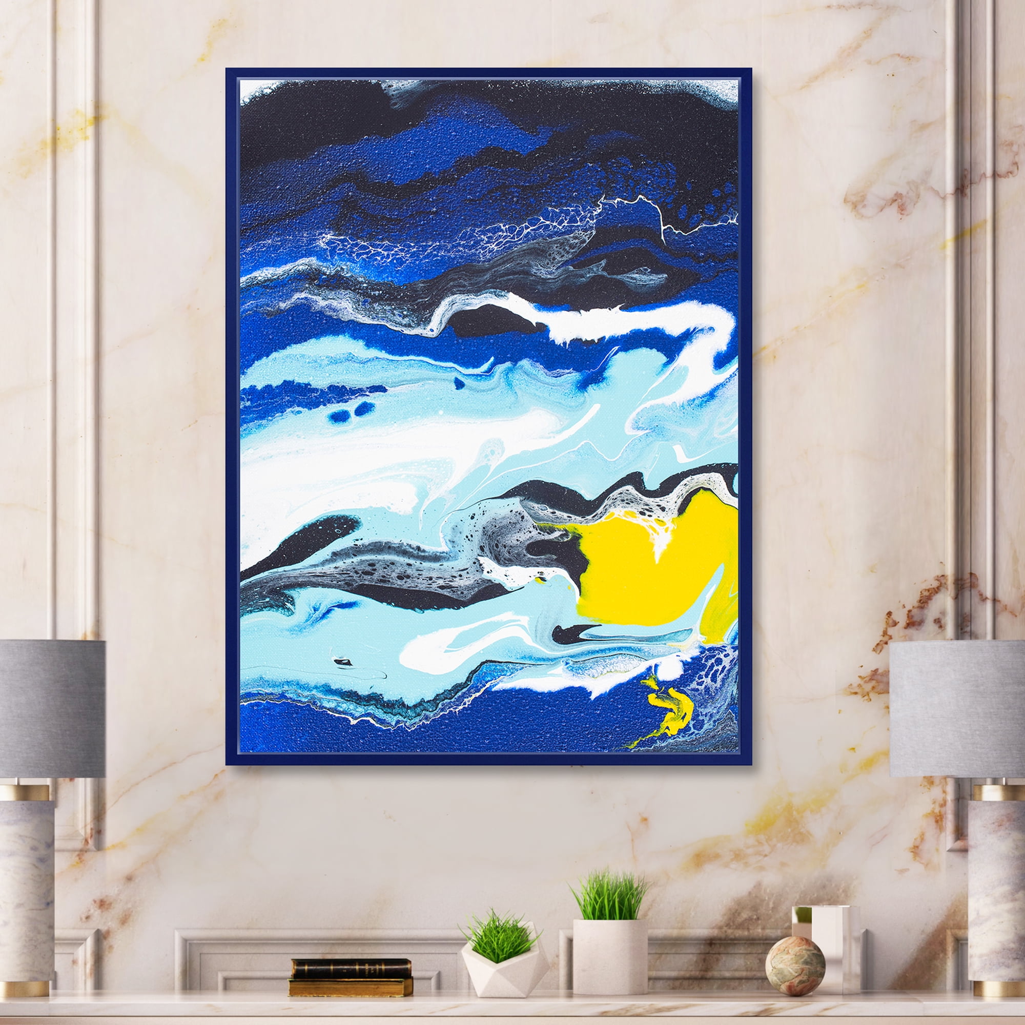 Designart 'Abstract Composition In Blue and Yellow VIII' Modern Framed Canvas Wall Art Print