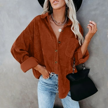 Pxiakgy Chemises à Manches Longues pour Femmes Chemises en Velours Côtelé à Boutons Blouses Surdimensionnées Hauts Veste Décontractée Chaude avec Poches Orange TG
