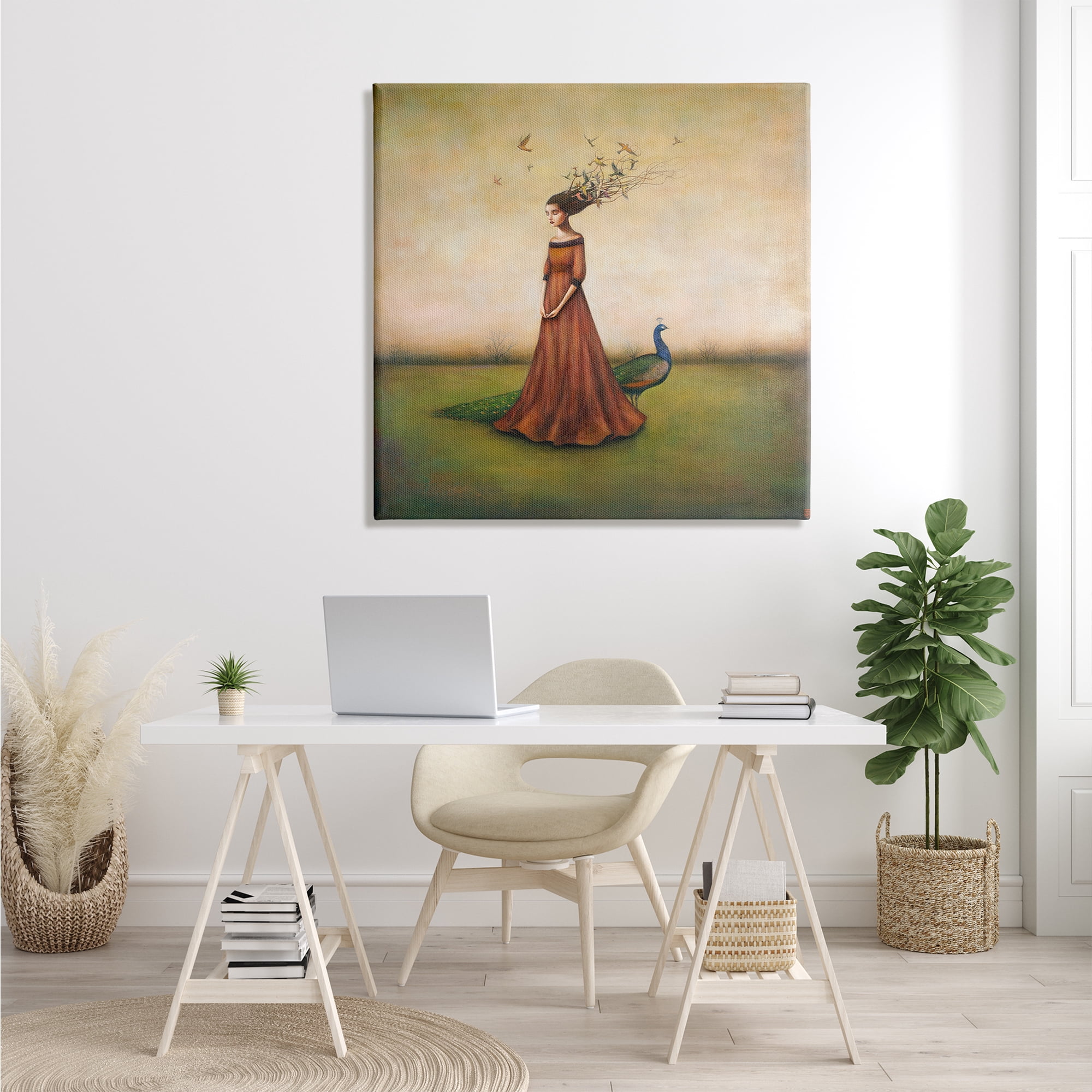 Stupell Industries Beauty and Birds in Her Hair Woman and Peacock Illustration Abstract Painting Gallery Wrapped Canvas Art Print Wall Art, 36 x 36