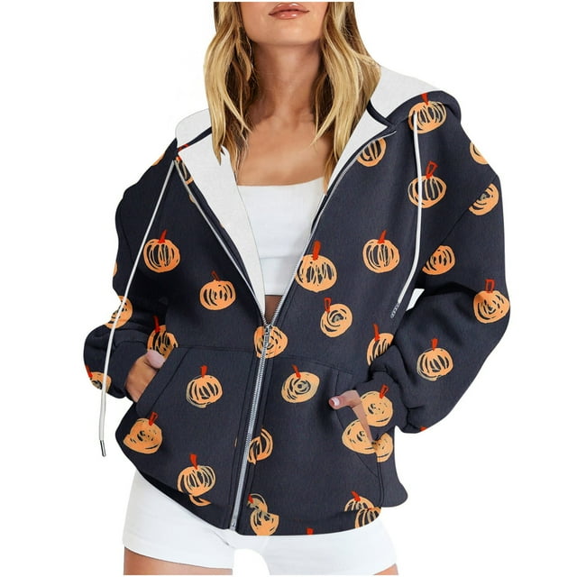 2023 Chandail en Molleton à Fermeture Éclair pour Femmes Mode Imprimé Blouse Manches Longues Hauts Chandail en Molleton Poches à Capuche en Liquidation