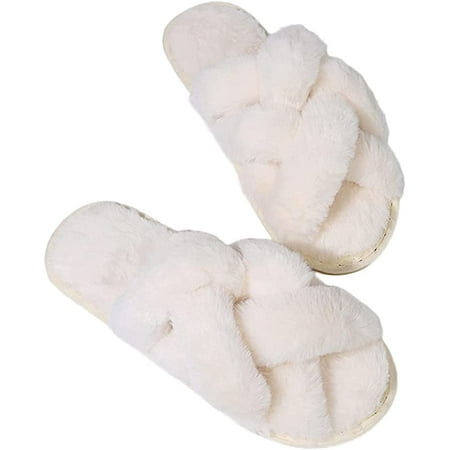 

PIKADINGNIS Women s Open Toe Fluffy Slippers Cross Band Soft Plush Furry Cozy Slip On House Shoes Indoor Outdoor Warm Comfy