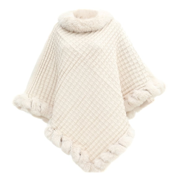 Joernso Women Triangle Shawl Wrap Solid Color Plaid Pattern Faux Fur Trim Lightweight Warm Cloak Scarf Shoulder Top Cape