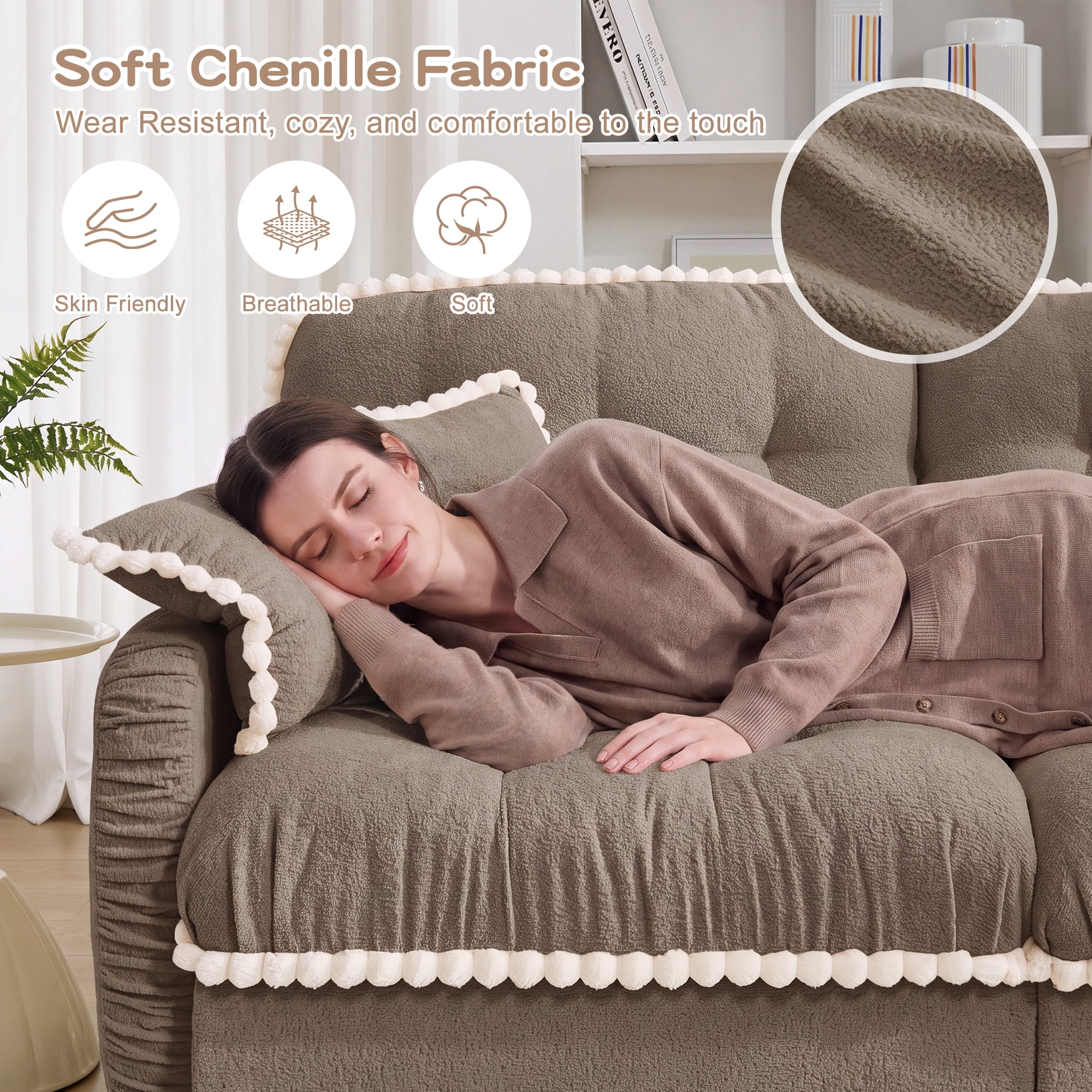 Anpport 70" Chenille Cloud Loveseat with 4 Pillows, Pom‑Pom Trim, Quilted Tufted Ergonomic, Easy Assembly Deep Seat for Living Room Apartment, Brown