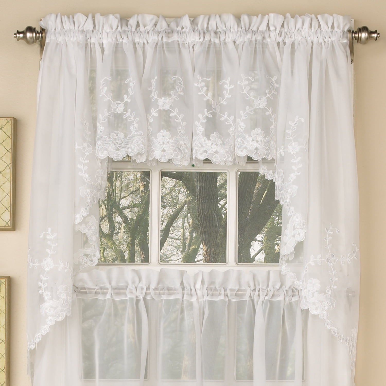 Laurel Leaf Sheer Voile Embroidered Kitchen Curtains 38 X 60 Swag Pair