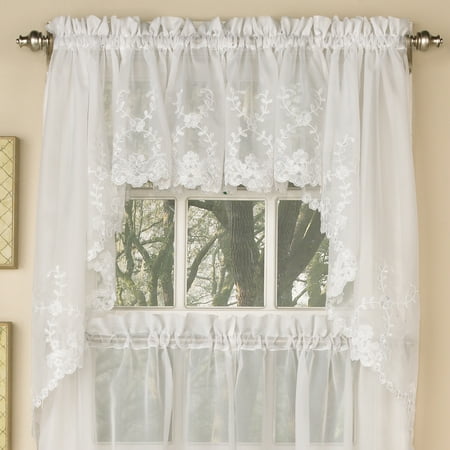 Laurel Leaf Sheer Voile Embroidered Kitchen Curtains 38 X 60