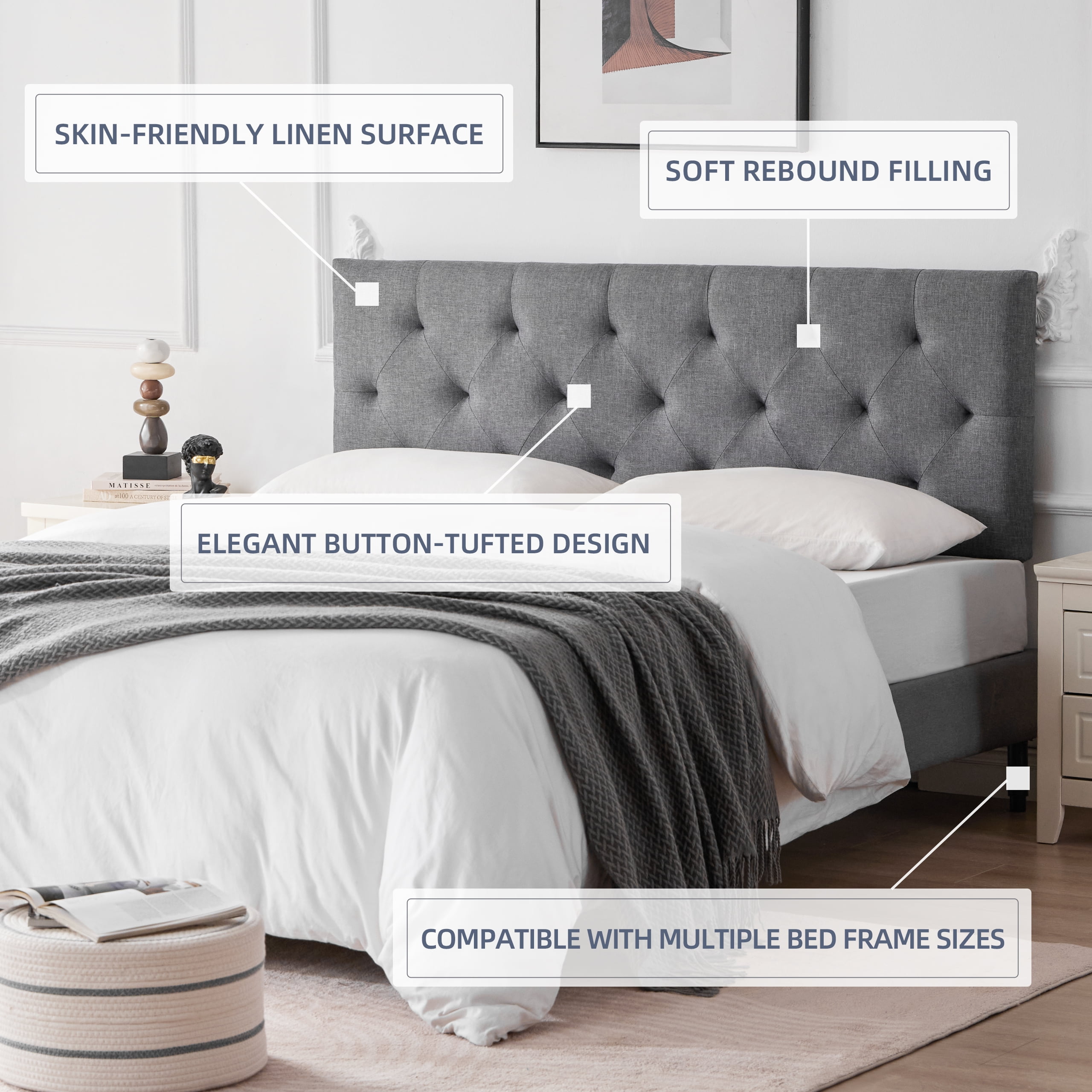 Weture Linen Upholstered Full Headboard, Modern Panel, Light Grey
