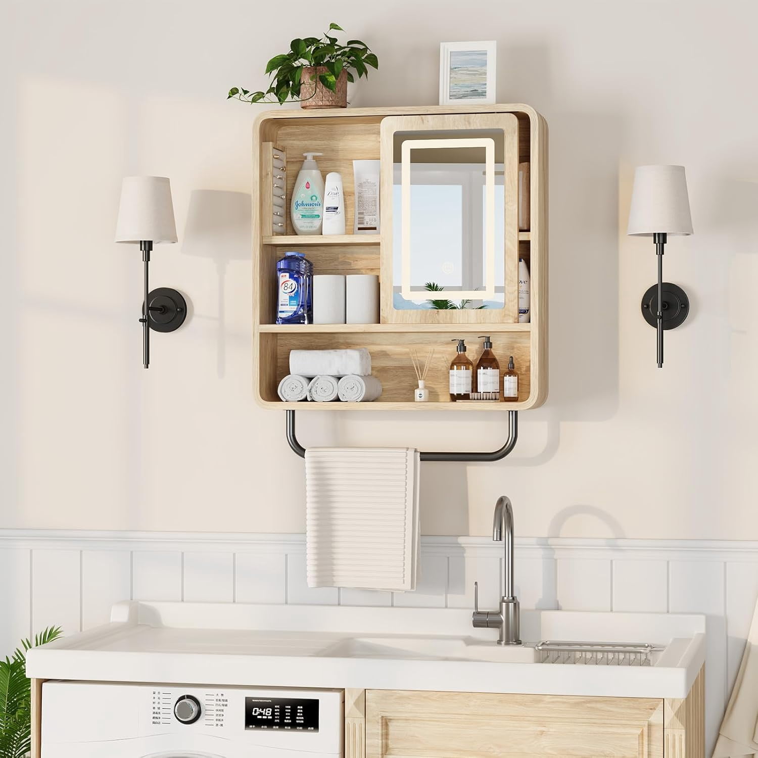 Vecenuy Modern Bathroom Wall Cabinet with Mirror, over-The-Toilet Storage & Towel Bar, Sliding Door, 3 Lighting Modes & Adjustable Brightness, Natural Oak
