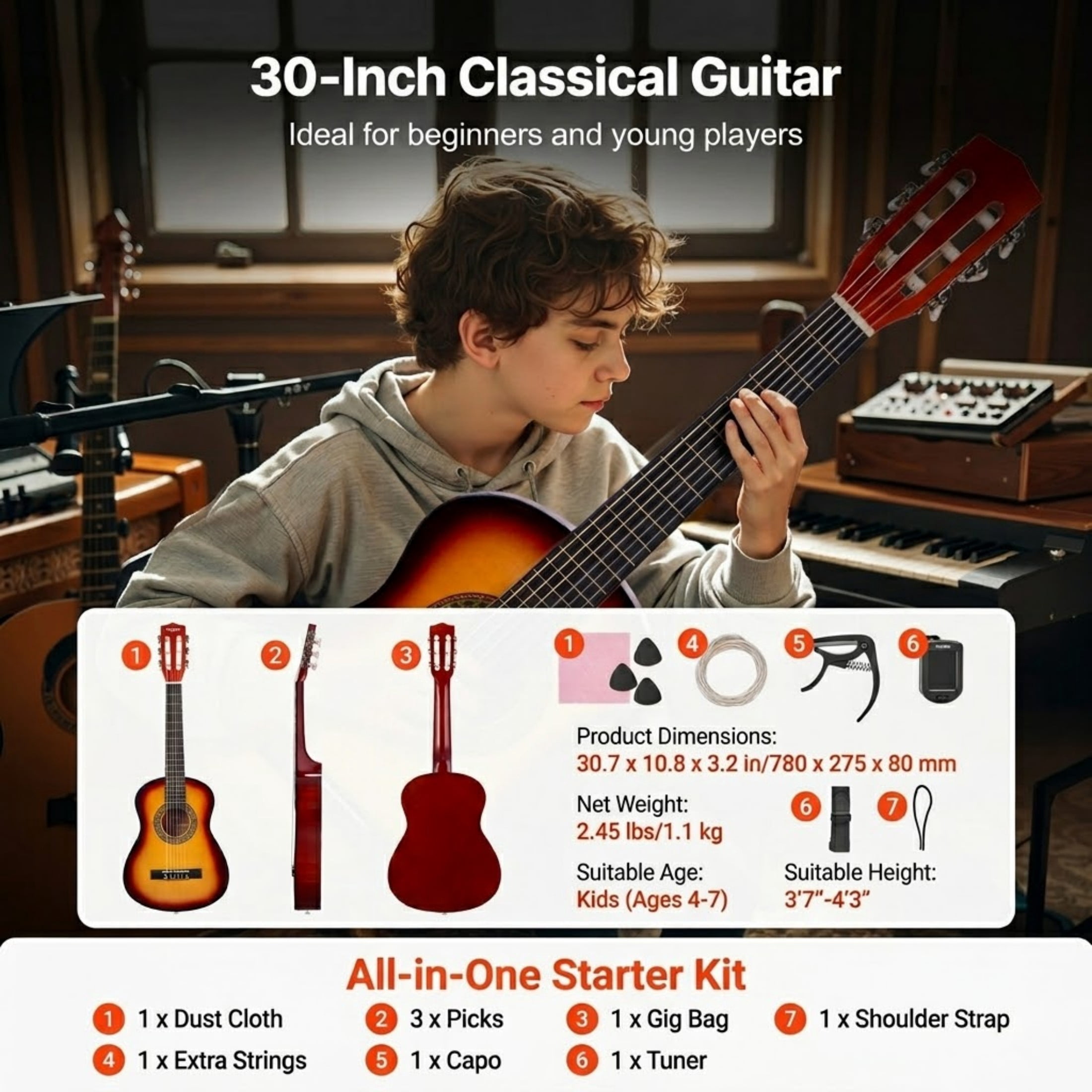 30-Inch Classical Guitar Beginner Starter Kit for Kids, Basswood Wood Guitar with Nylon Strings, Gig Bag & Tuner, Sunburst