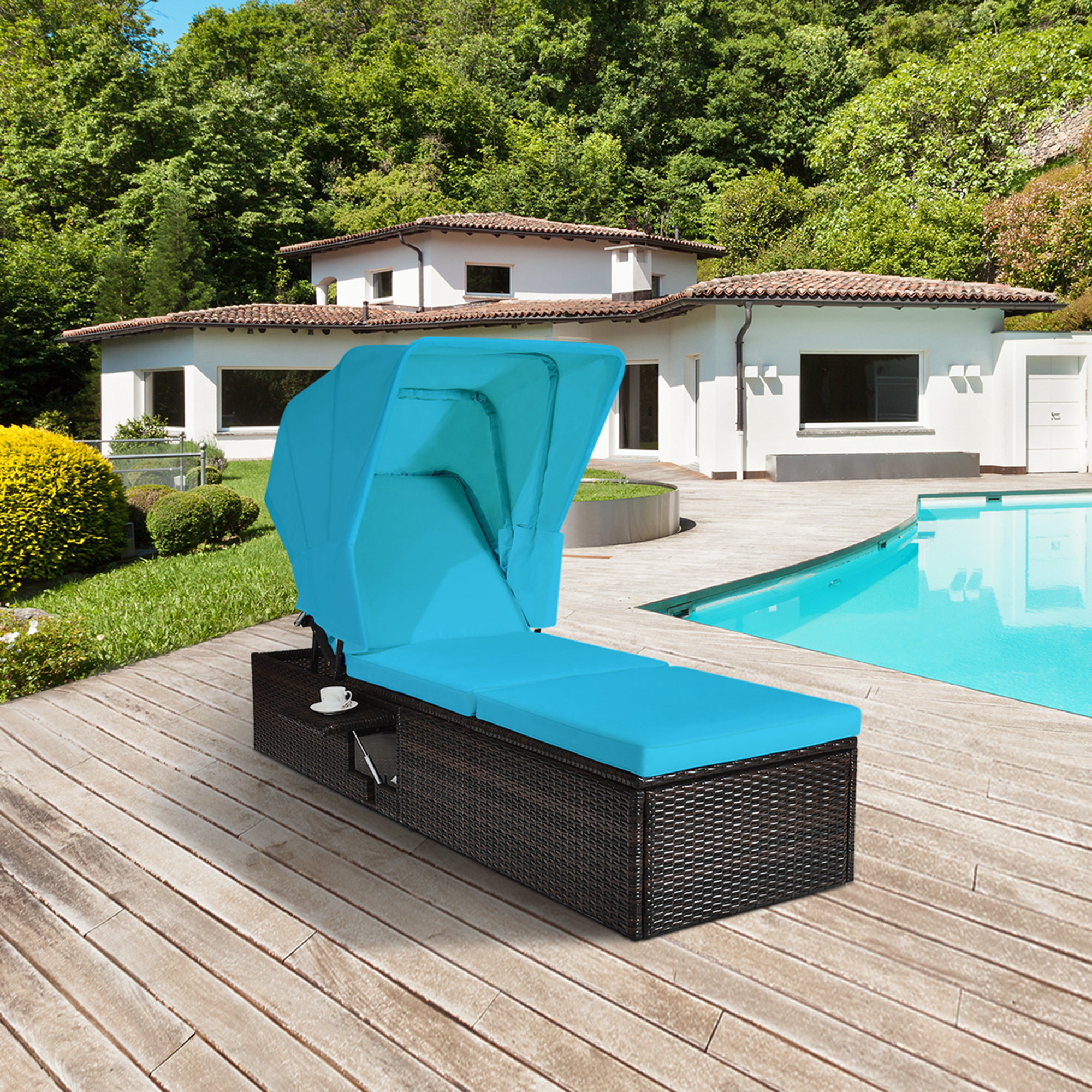 Gymax 2PCS Rattan Patio Chaise Lounge Chair W/ Adjustable Canopy Turquoise Cushion - image 4 of 10