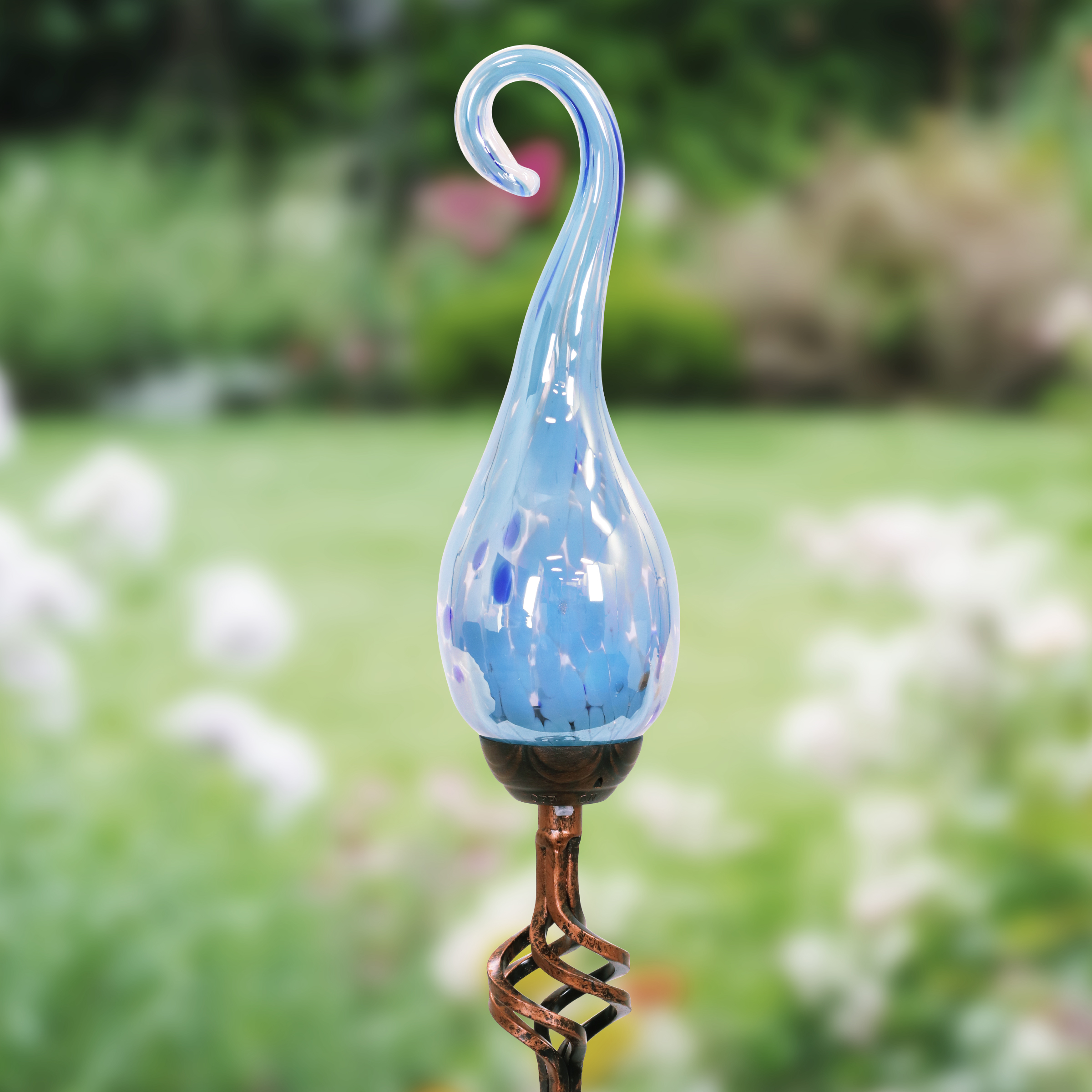 Exhart Light Blue Glass Spiral Flame  Solar Powered Garden Stake, 36 inch (Decor for Home Patio, Outdoor Garden, Yard or Lawn), Metal, Teal - image 4 of 7