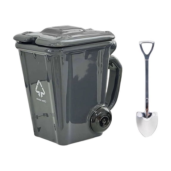 Trash Bin Ceramic Mug with Lid, Funny Recycling Bin Coffee Mug, Functional Desk Cup for Office Use, Durable Ceramic with Spoon, Unique Gift for Coworkers and Friends,Gray