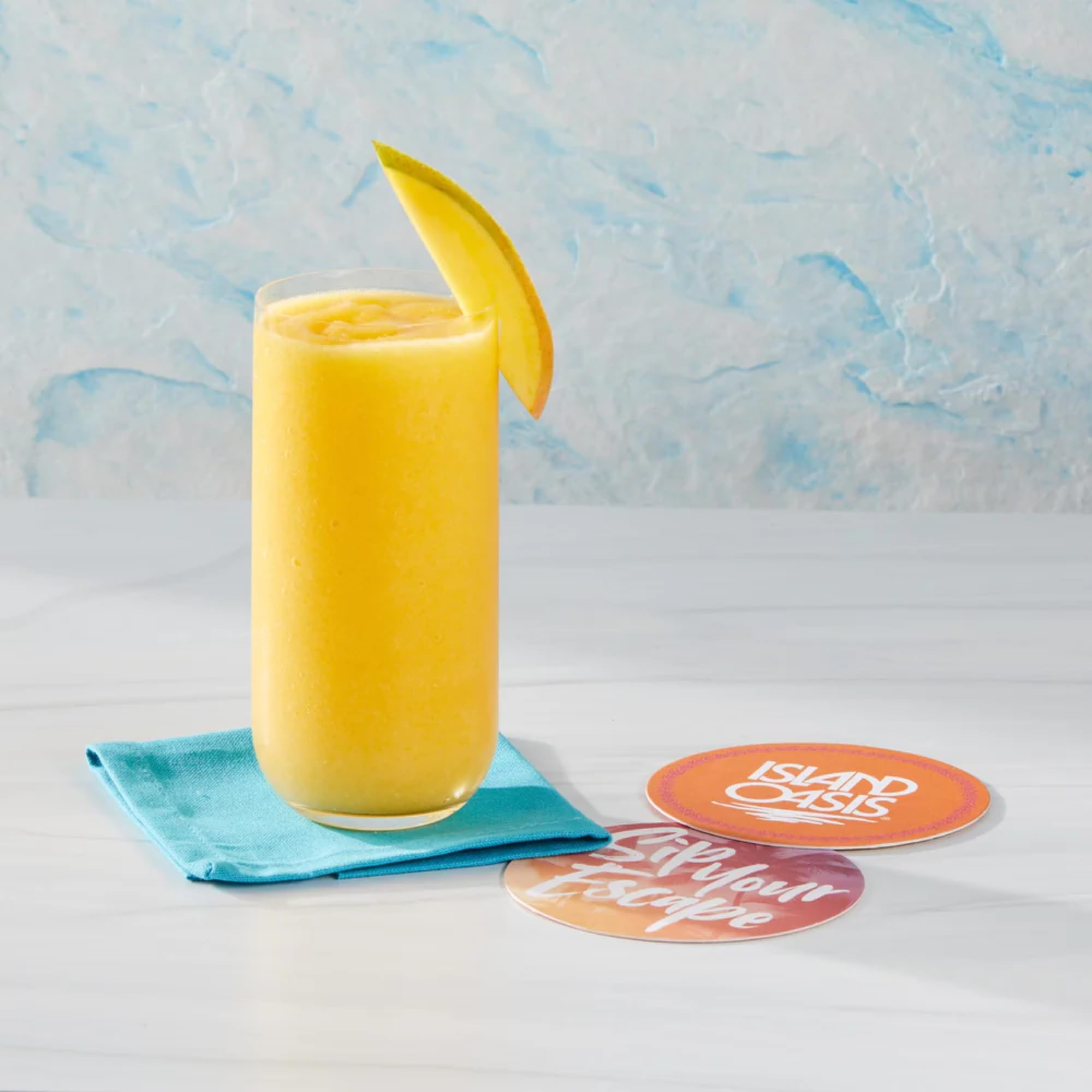 Island Oasis Mango Fruit Puree Beverage Mix, 1 Liter Carton (pack of 2) with By The Cup Coasters