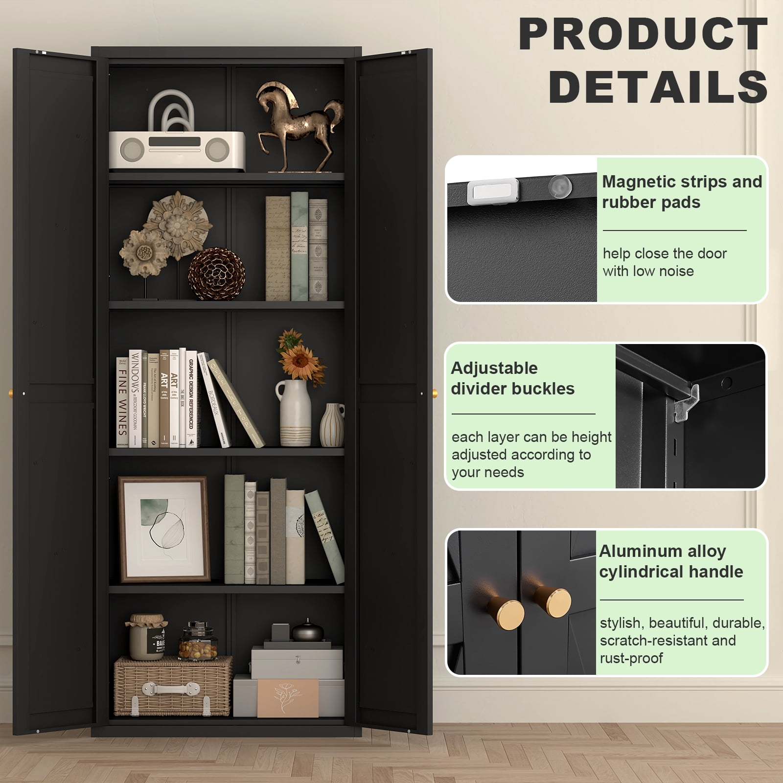71"H Metal Storage Cabinet with 2 Doors & Adjustable Shelves,Tall Steel Kitchen Pantry Cabinet for Kitchen,Living Room,Dining Room,Office,Black