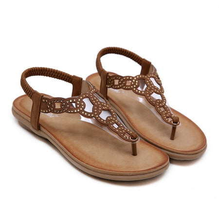 

Aayomet Wide Width Sandals for Women Summer Women s Open-Toe Sandals Bohemian Rhinestone Flat Elastic Band Beach Shoe Brown 6.5
