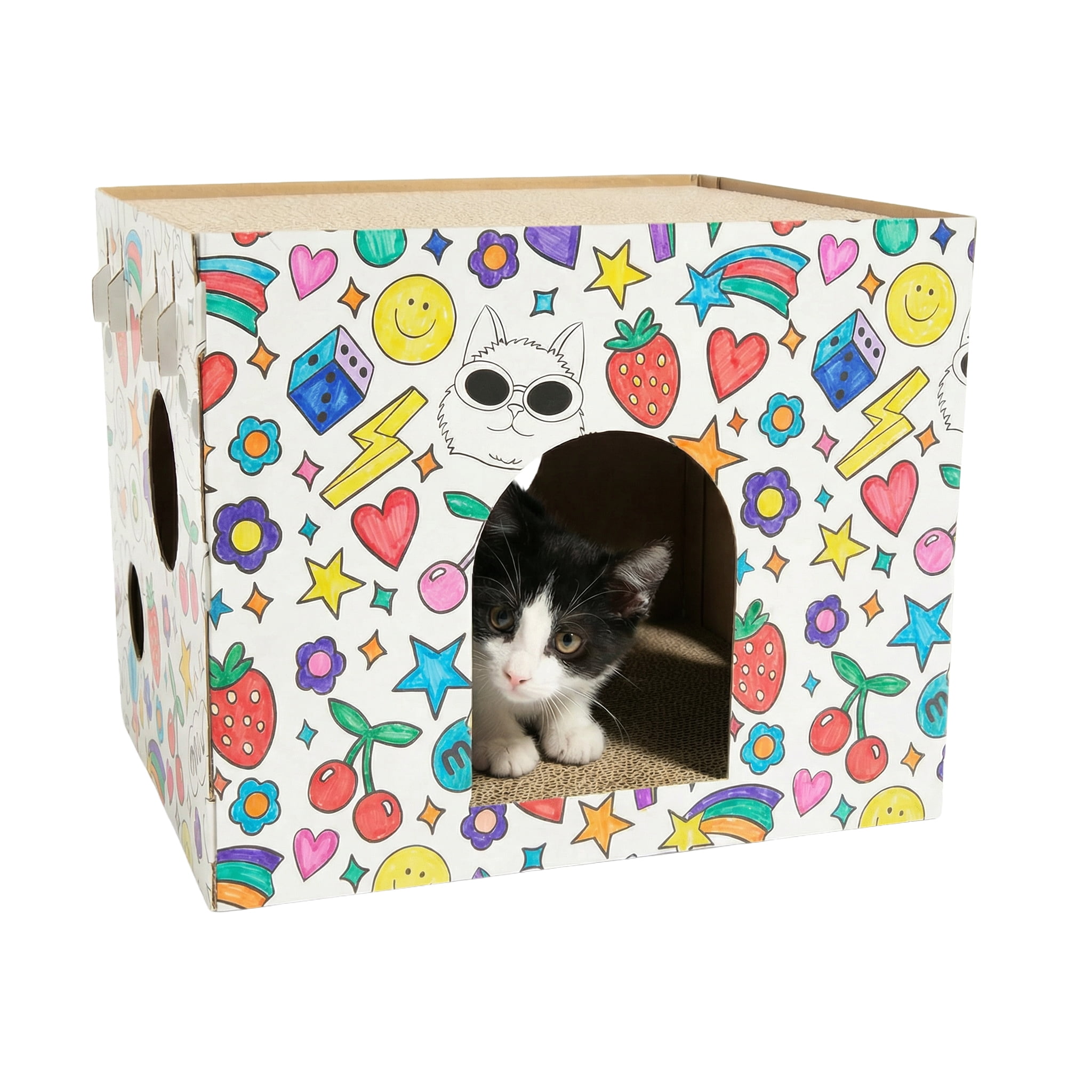 Oodles Customizable Doodle 1-Story Indoor Cardboard Cat Scratcher House with Durable Corrugated Scratching Pads, Multicolored, One Size
